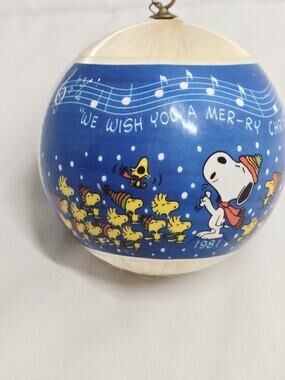 1981 Peanuts Snoopy Woodstock Satin Ball Christmas Ornament 80' Joy Vtg Holiday